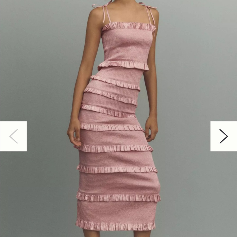 V. Chapman Lily Smocked Ruffle Trim Midi Dress Rose Dust